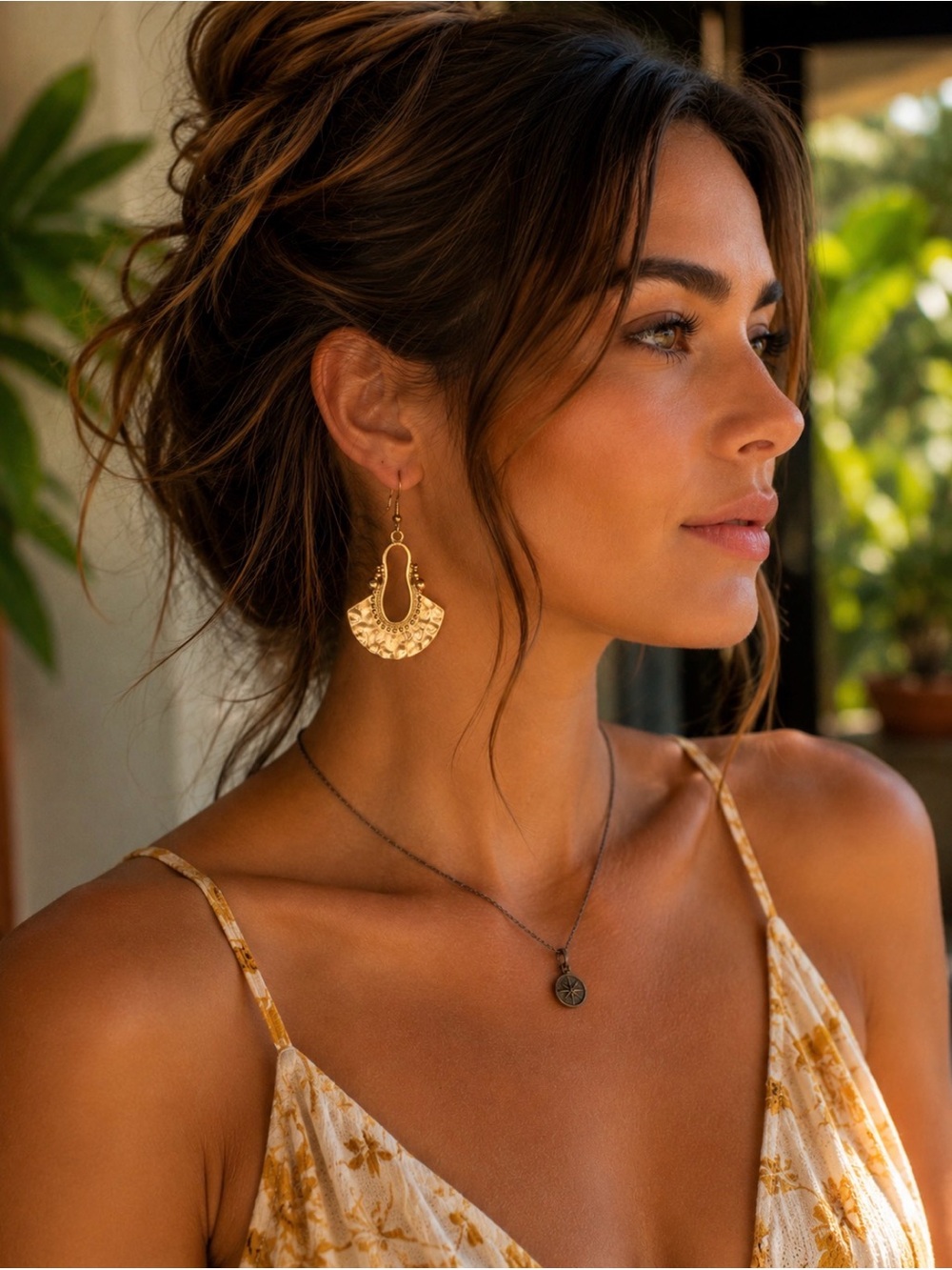 Hammered Gold Statement Earrings | Boho Fan Drop | Lightweight Summer Jewelry